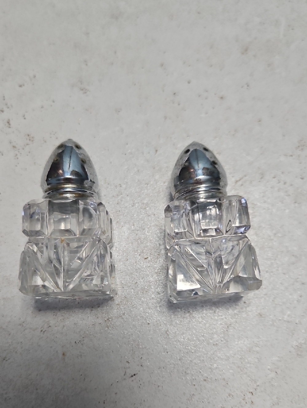 Vintage Cut Crystal Salt and Pepper Shakers - Clear Glass with Silver Tone Tops
